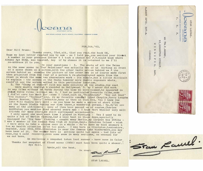 Stan Laurel Letter Signed With His Full Signature Stan Laurel -- ...I liked Chaplin, Harry Langdon, Buster Keaton, Fatty Arbuckle...